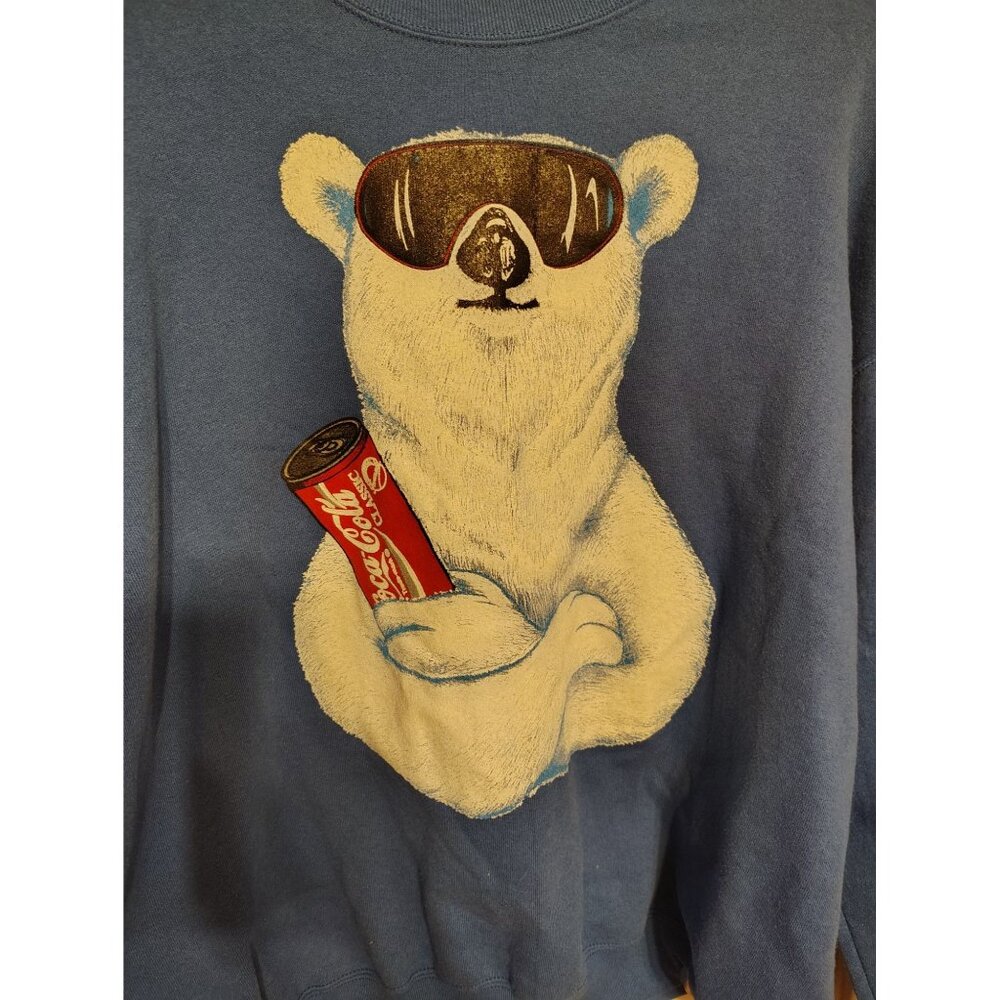 Vintage XXL Coca Cola Blue Sweatshirt, Polar Bear with Sunglasses Cotton Blend - Picture 2 of 4
